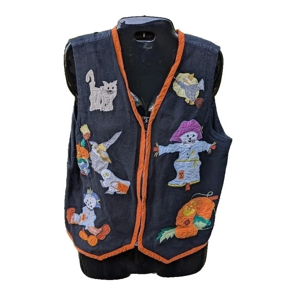 Vintage Gallagher Womens M Halloween Vest Applique Embroidered Cute Pumpkin Cat